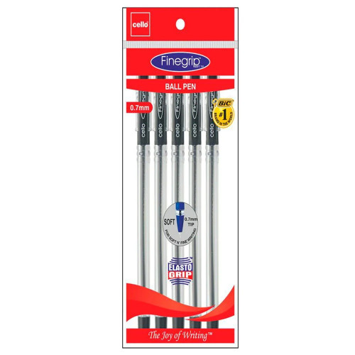 Bic Cello 0.7 mm Fine Grip Black Ball Point Pen (Pack of 5)