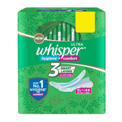 Whisper Ultra Hygiene and Comfort Sanitary Napkin with Soft Wings (XL+ ) 44 pads